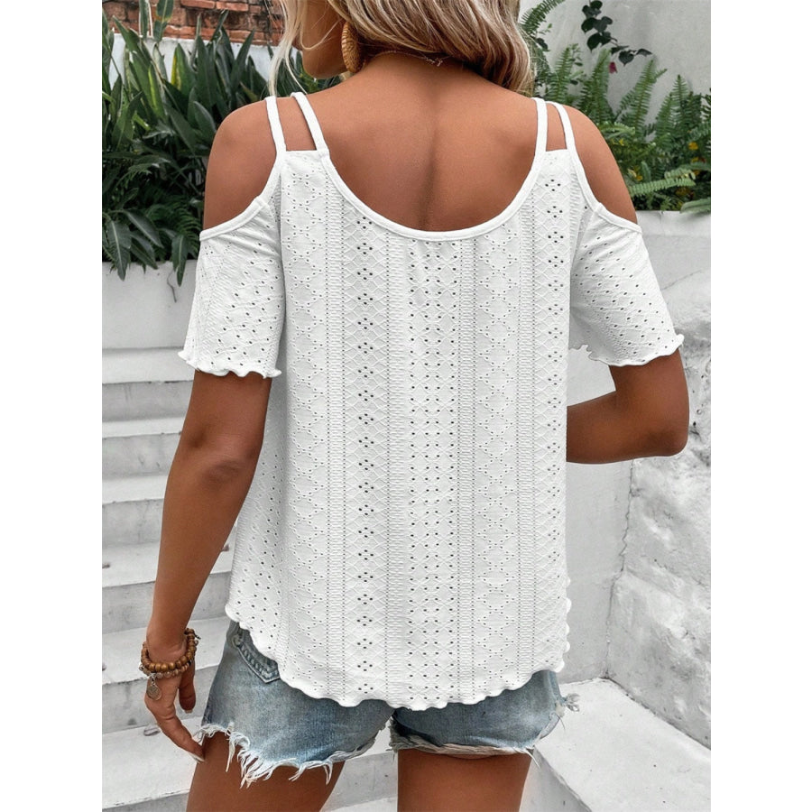 Eyelet Cold Shoulder Short Sleeve Blouse Apparel and Accessories