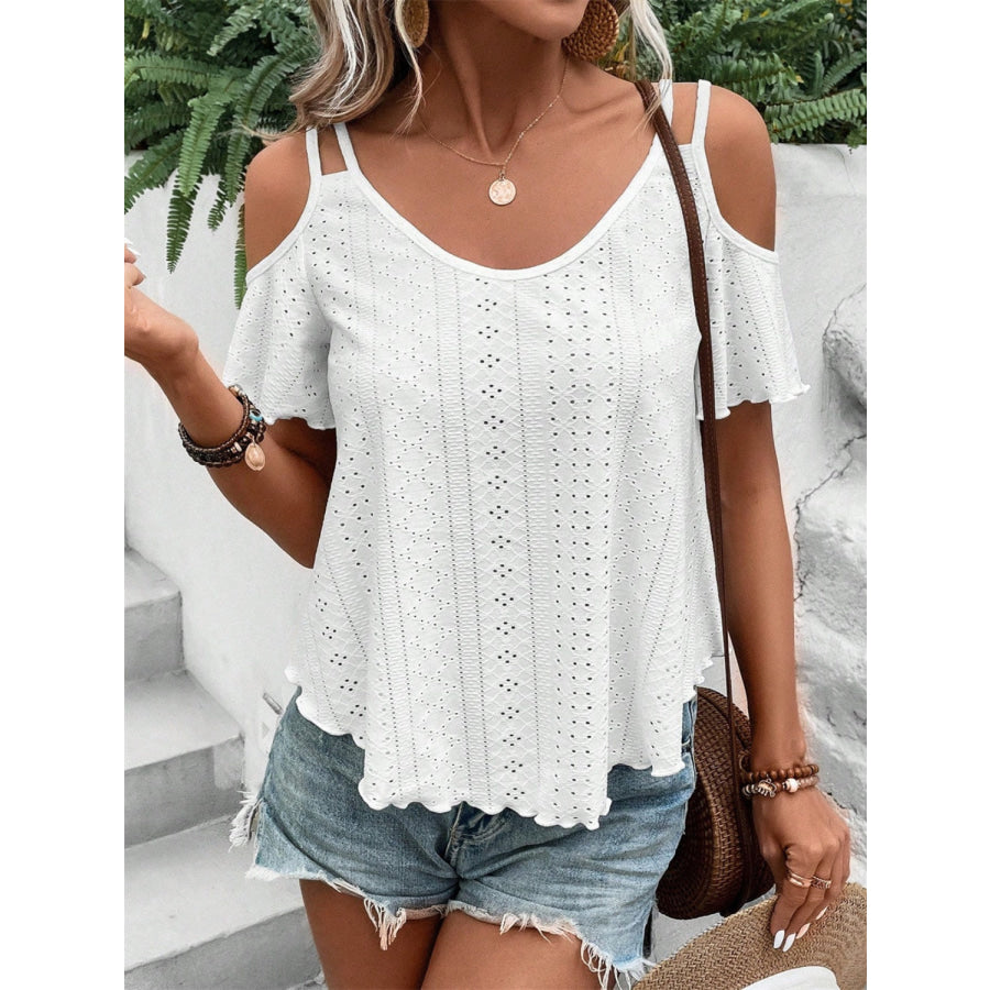 Eyelet Cold Shoulder Short Sleeve Blouse Apparel and Accessories