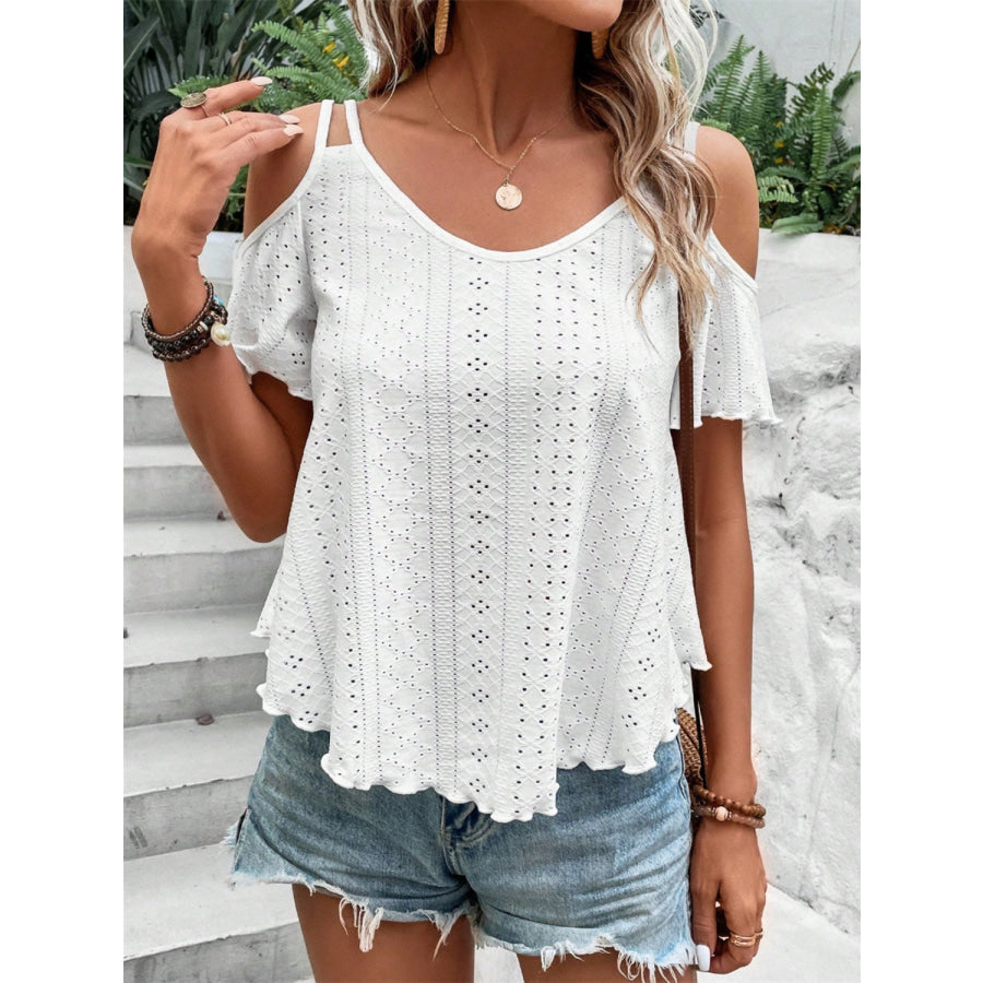 Eyelet Cold Shoulder Short Sleeve Blouse White / S Apparel and Accessories