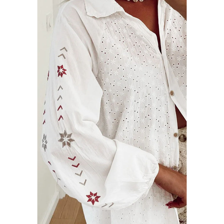 Eyelet Collared Neck Long Sleeve Shirt Apparel and Accessories