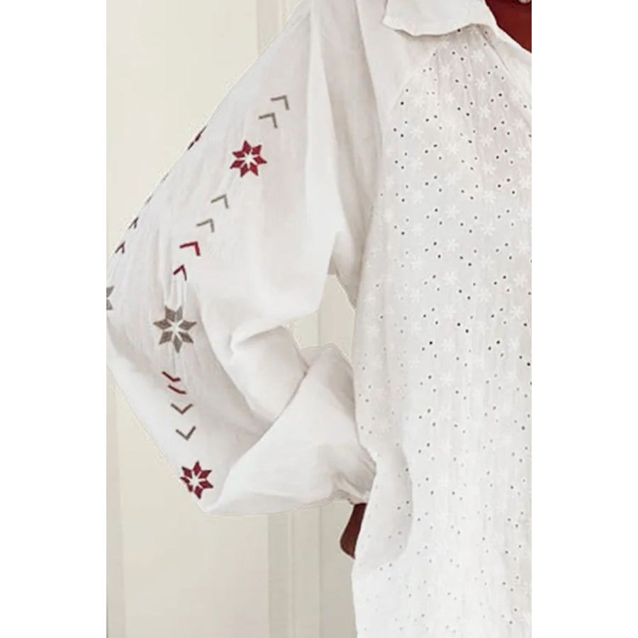 Eyelet Collared Neck Long Sleeve Shirt White / S Apparel and Accessories