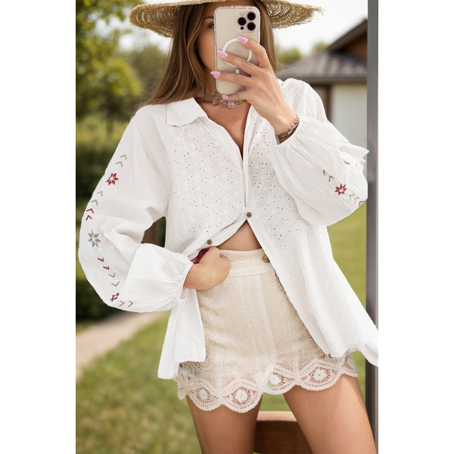 Eyelet Collared Neck Long Sleeve Shirt White / S Apparel and Accessories