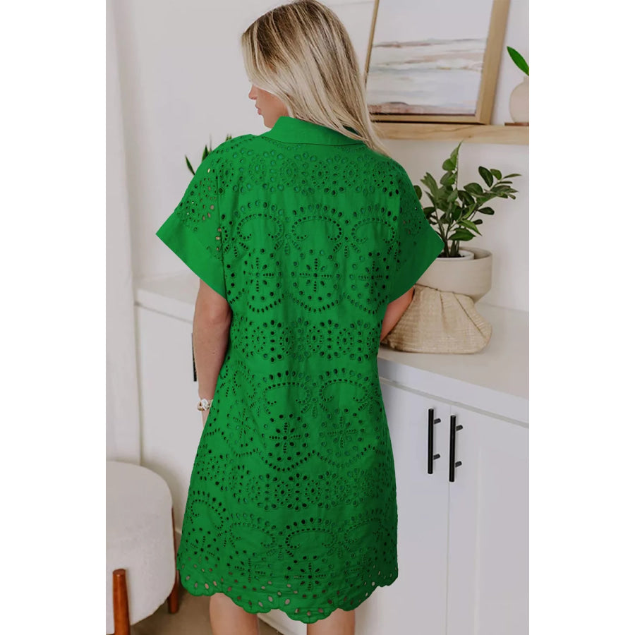 Eyelet Collared Neck Short Sleeve Dress Apparel and Accessories