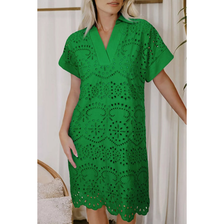 Eyelet Collared Neck Short Sleeve Dress Apparel and Accessories