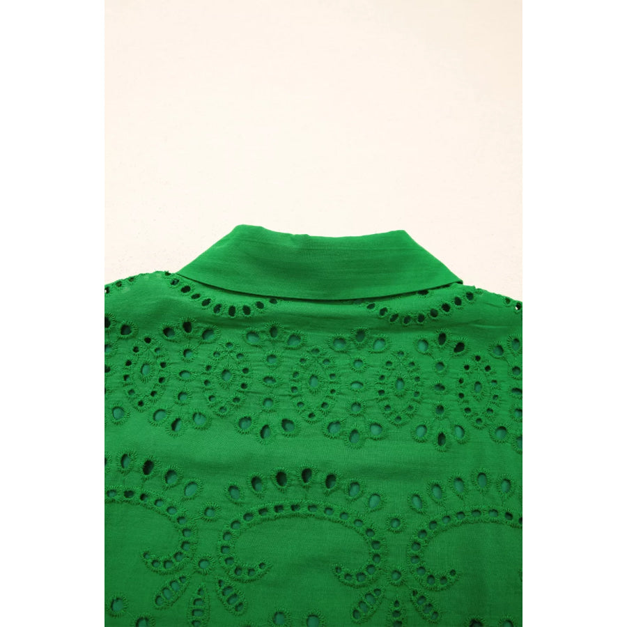 Eyelet Collared Neck Short Sleeve Dress Apparel and Accessories