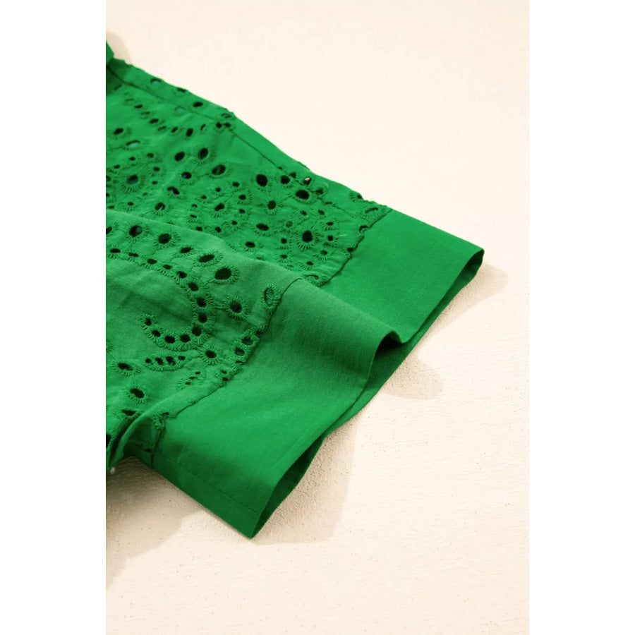Eyelet Collared Neck Short Sleeve Dress Apparel and Accessories