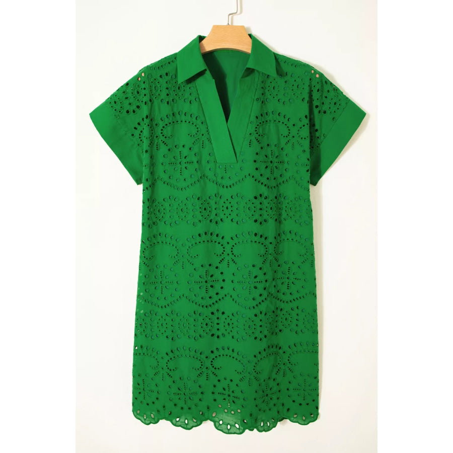 Eyelet Collared Neck Short Sleeve Dress Apparel and Accessories