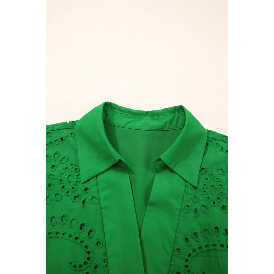 Eyelet Collared Neck Short Sleeve Dress Apparel and Accessories