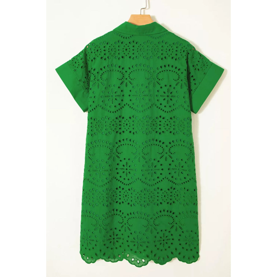 Eyelet Collared Neck Short Sleeve Dress Apparel and Accessories