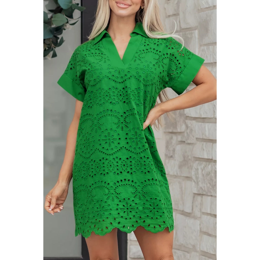 Eyelet Collared Neck Short Sleeve Dress Green / S Apparel and Accessories