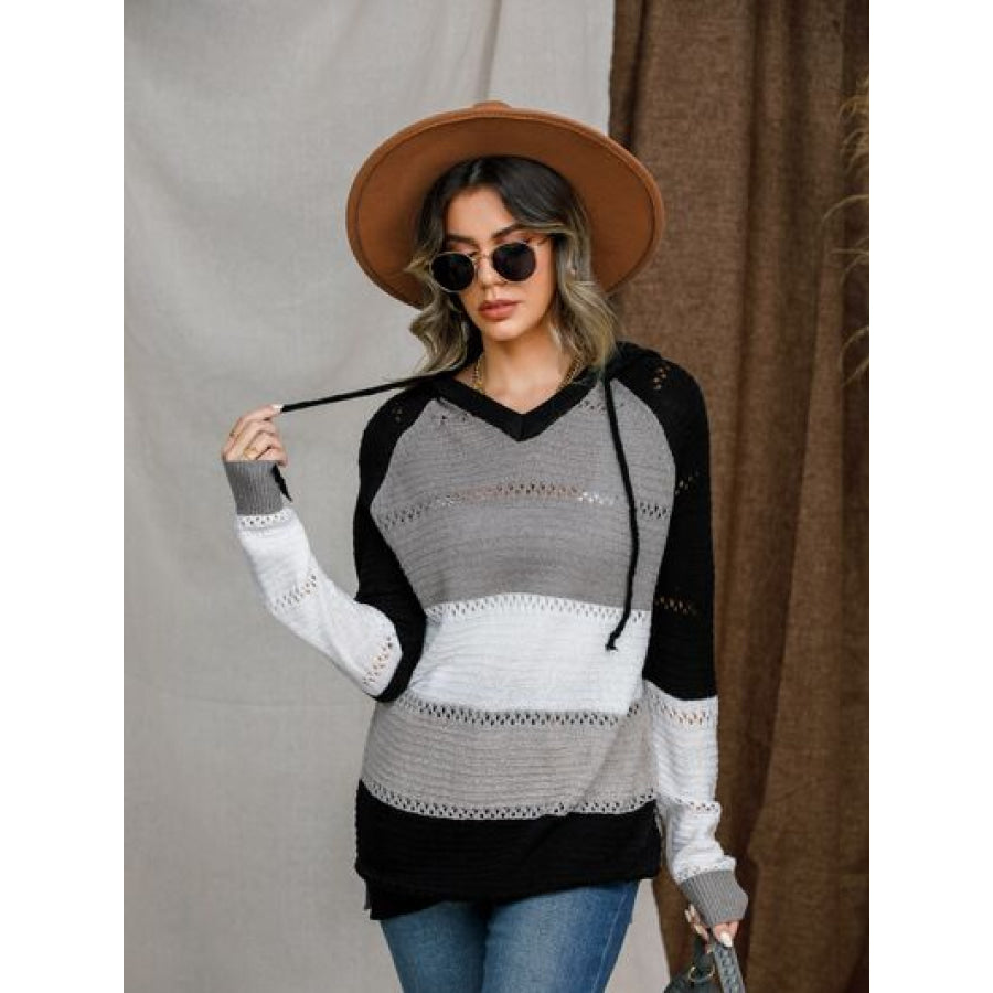 Eyelet Color Block Hooded Sweater Apparel and Accessories