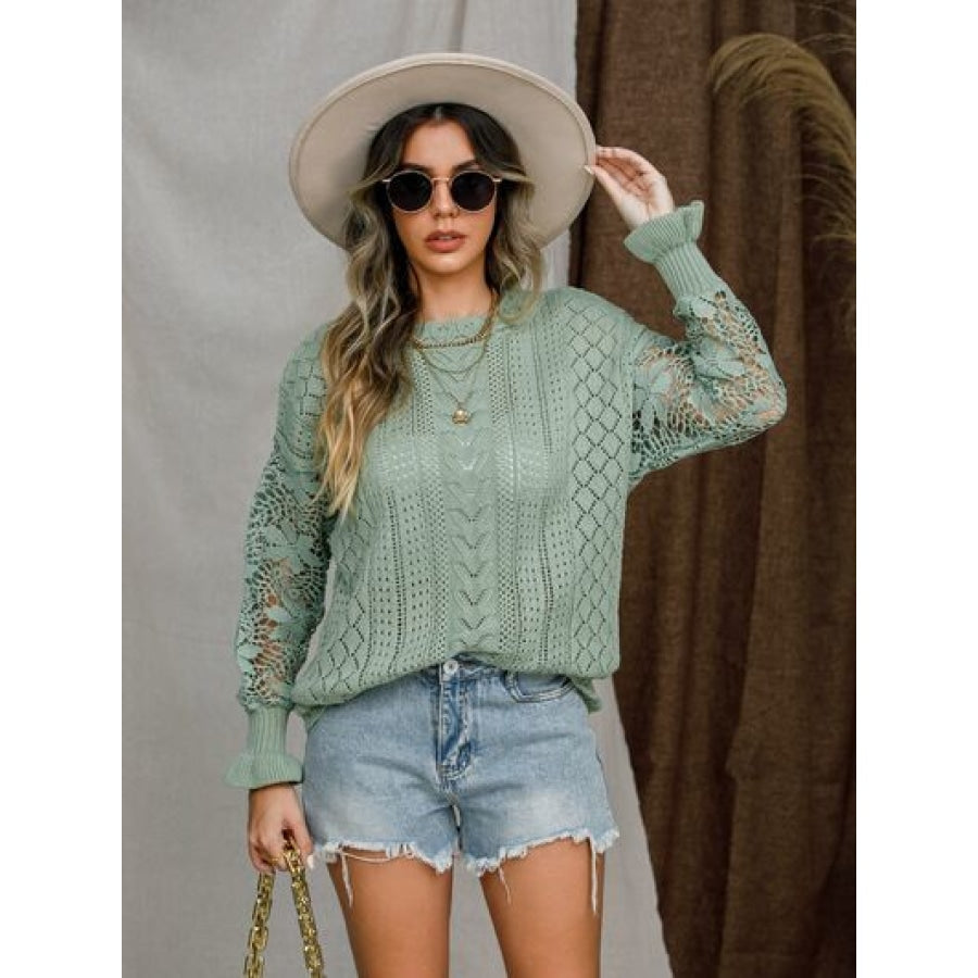 Eyelet Crochet Lantern Sleeve Sweater Apparel and Accessories