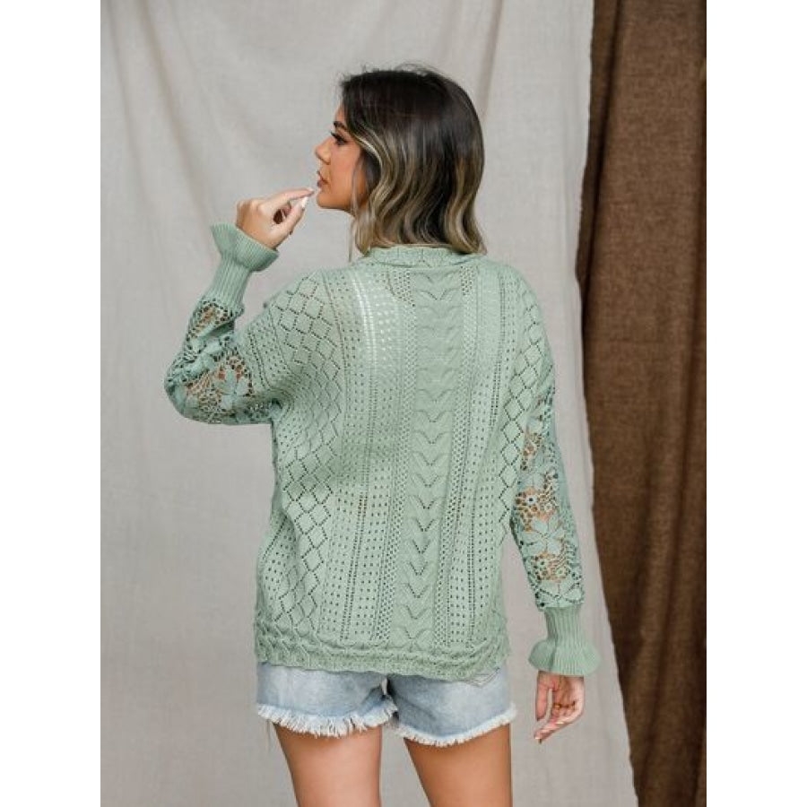 Eyelet Crochet Lantern Sleeve Sweater Gum Leaf / S Apparel and Accessories