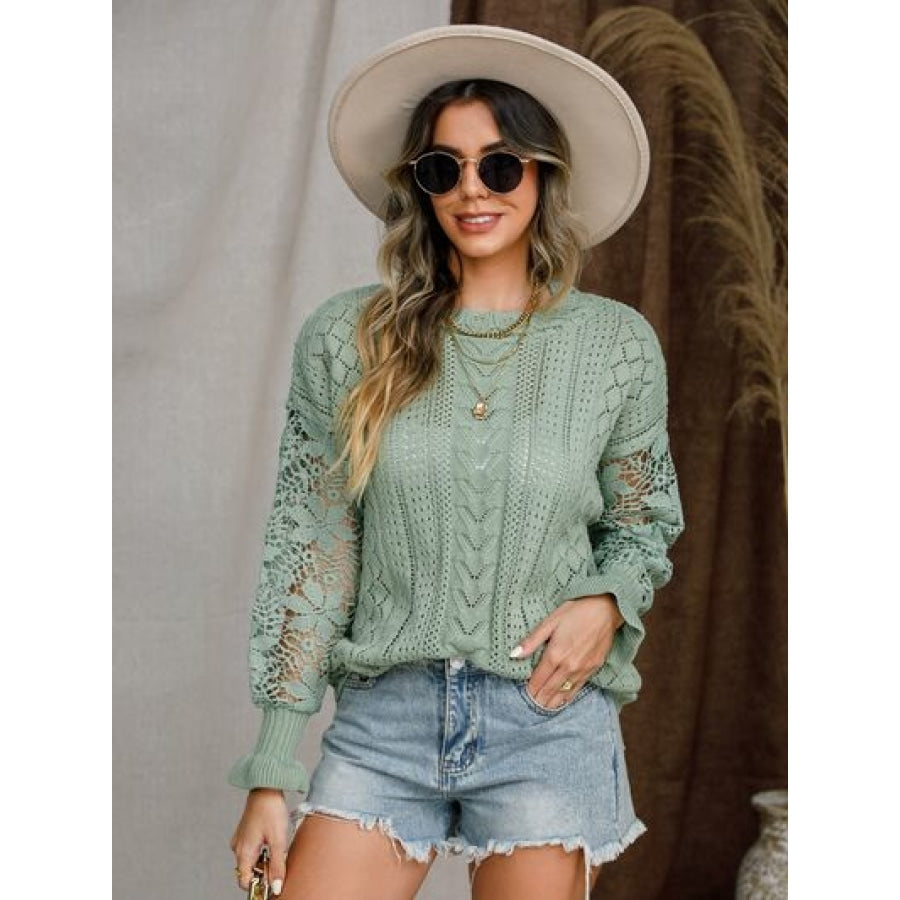Eyelet Crochet Lantern Sleeve Sweater Apparel and Accessories