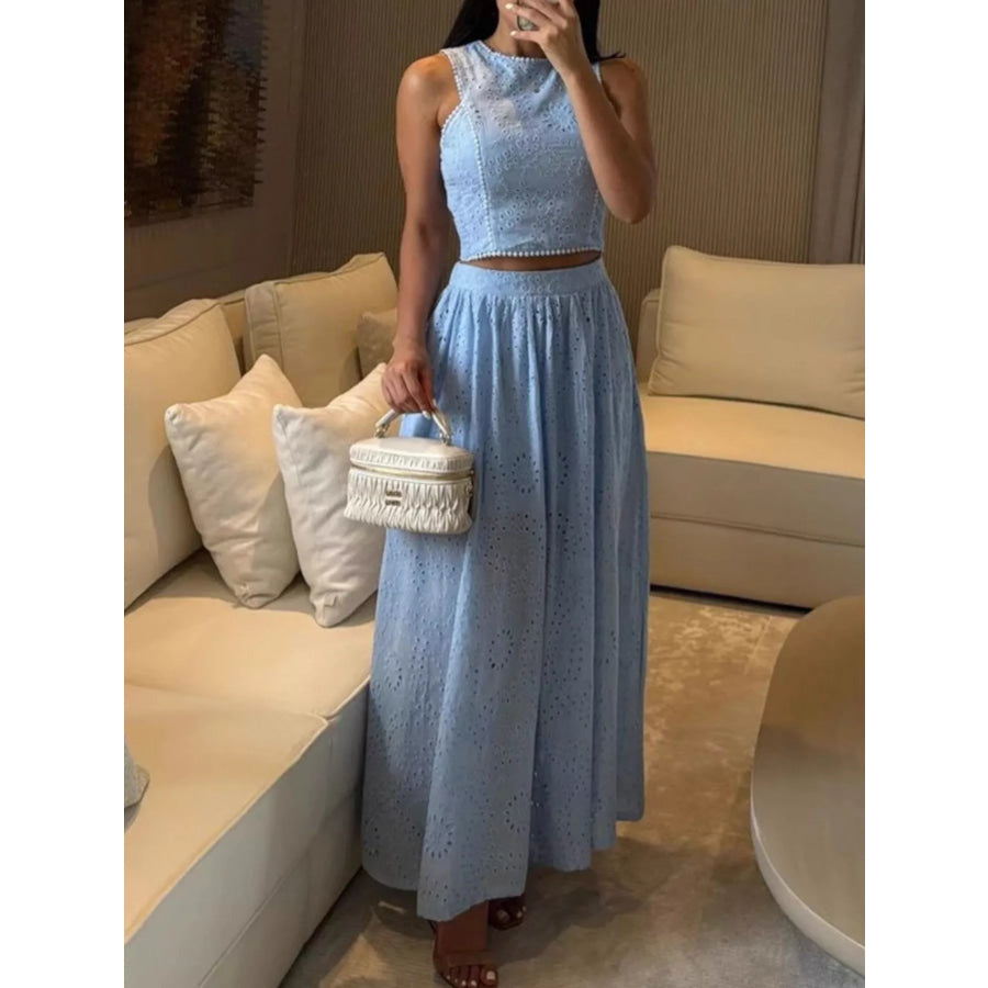 Eyelet Crop Top and Maxi Skirt Set Light Blue / S Apparel and Accessories