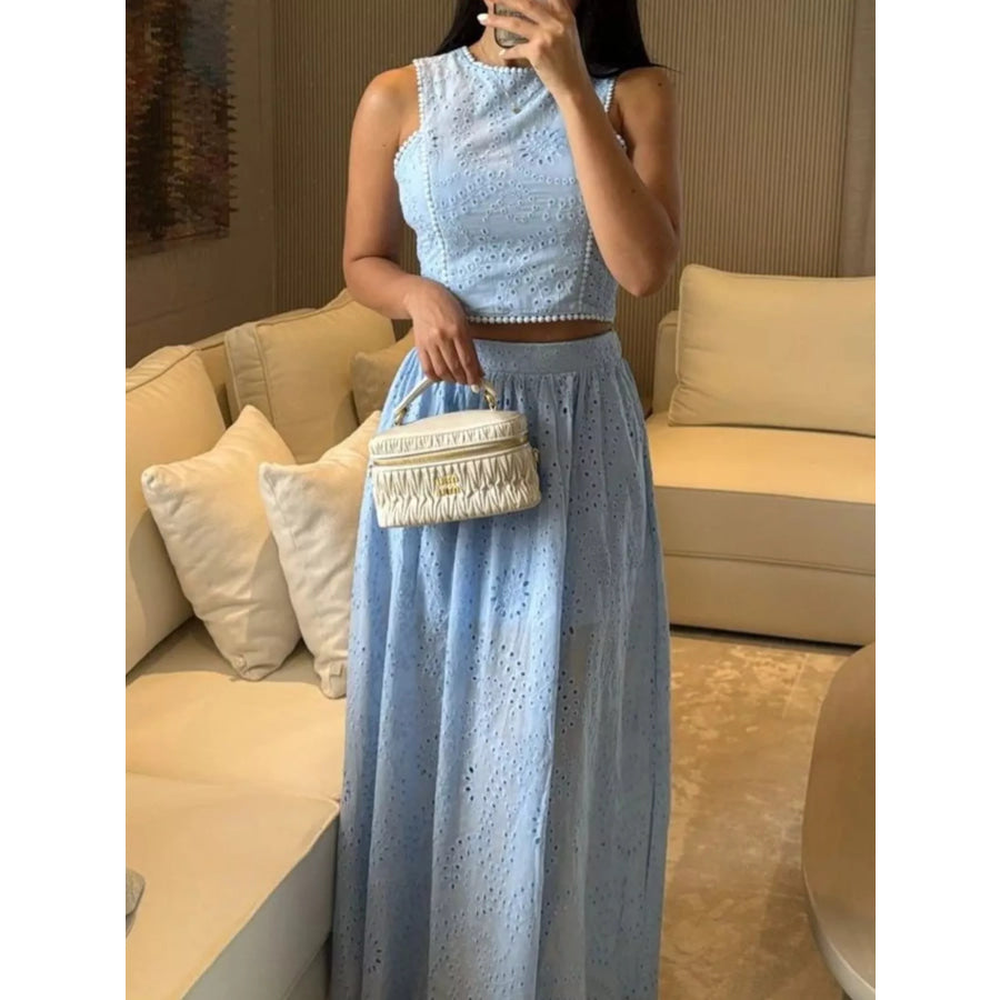 Eyelet Crop Top and Maxi Skirt Set Apparel and Accessories