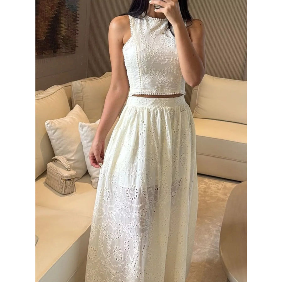 Eyelet Crop Top and Maxi Skirt Set Apparel and Accessories