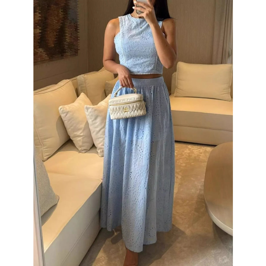 Eyelet Crop Top and Maxi Skirt Set Light Blue / S Apparel and Accessories