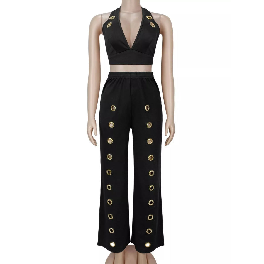 Eyelet Crop Top and Wide-Leg Pants Set Apparel and Accessories