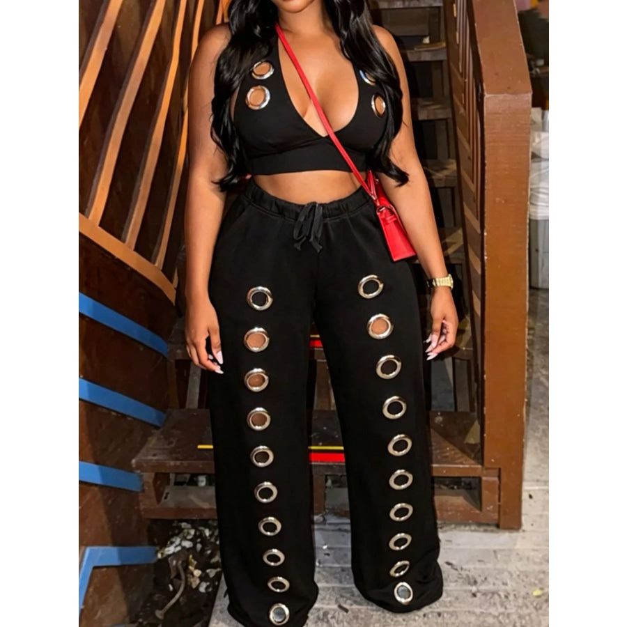Eyelet Crop Top and Wide-Leg Pants Set Black / S Apparel and Accessories
