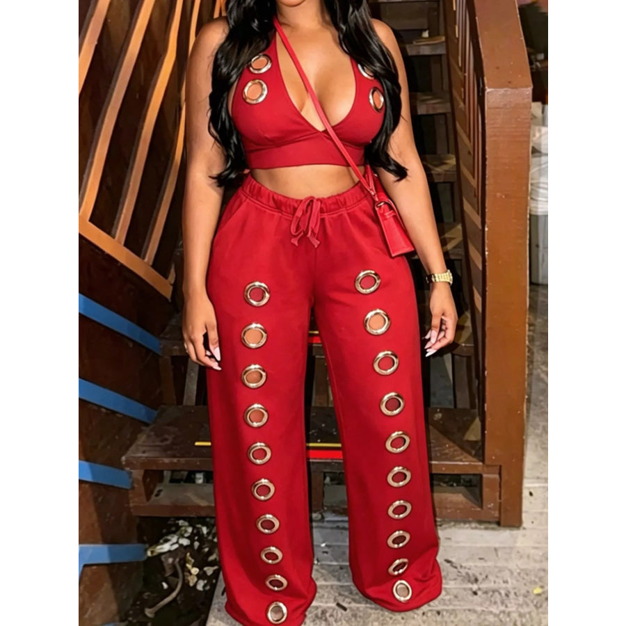 Eyelet Crop Top and Wide-Leg Pants Set Red / S Apparel and Accessories