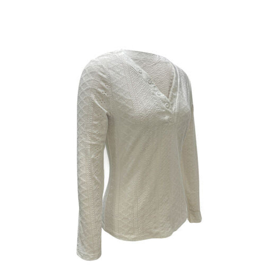 Eyelet Decorative Button V-Neck Blouse Apparel and Accessories