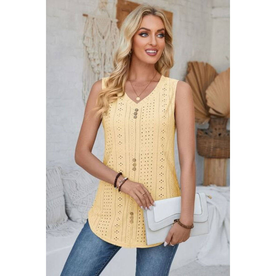 Eyelet Decorative Button V - Neck Tank Apparel and Accessories