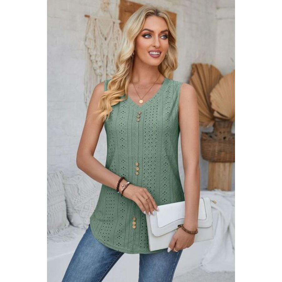 Eyelet Decorative Button V - Neck Tank Apparel and Accessories