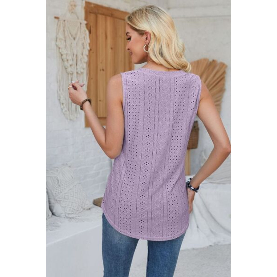 Eyelet Decorative Button V - Neck Tank Apparel and Accessories