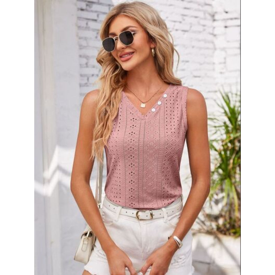 Eyelet Decorative Button V - Neck Tank Apparel and Accessories