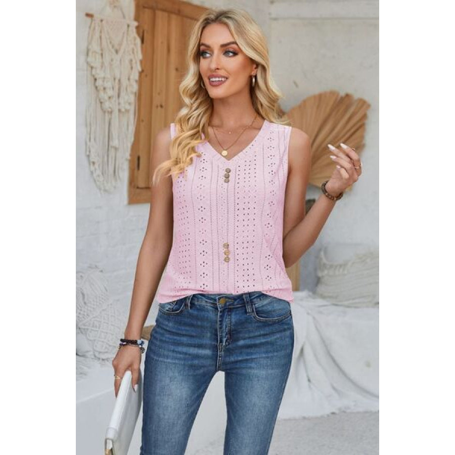 Eyelet Decorative Button V - Neck Tank Apparel and Accessories