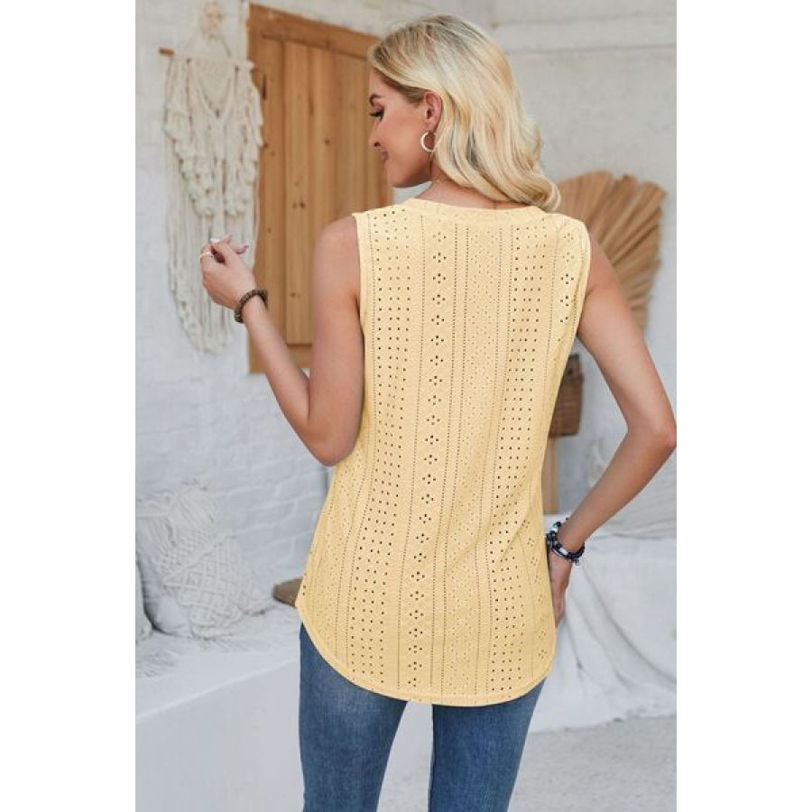 Eyelet Decorative Button V - Neck Tank Apparel and Accessories