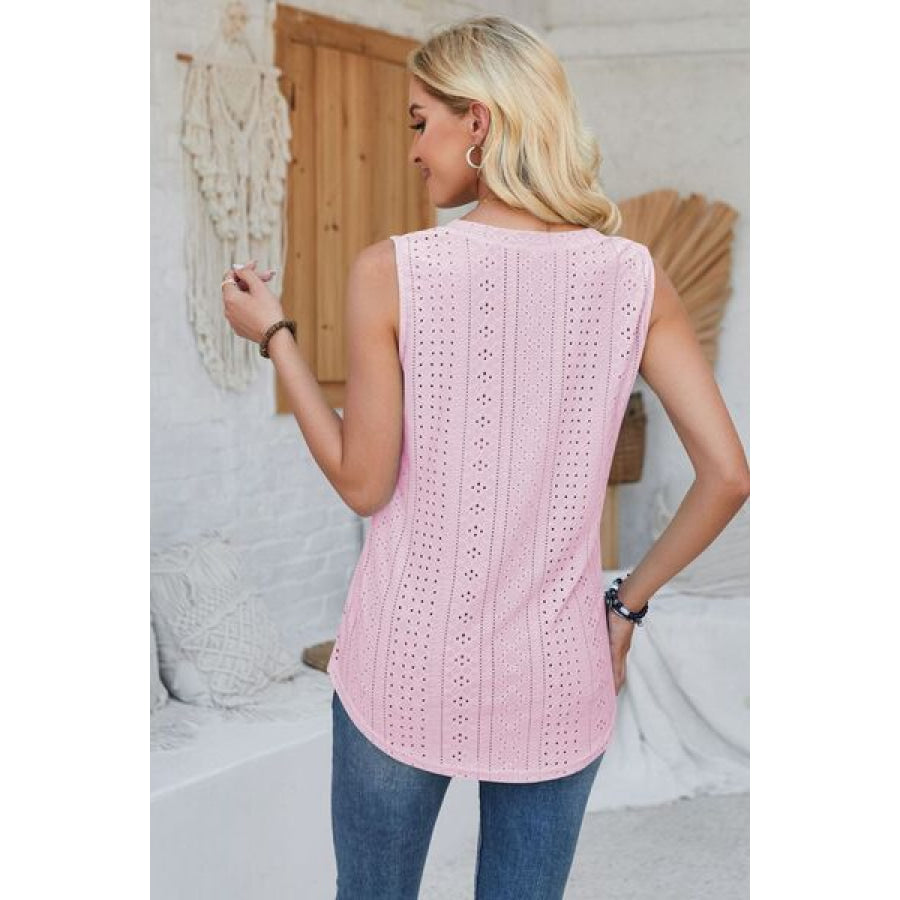 Eyelet Decorative Button V - Neck Tank Apparel and Accessories