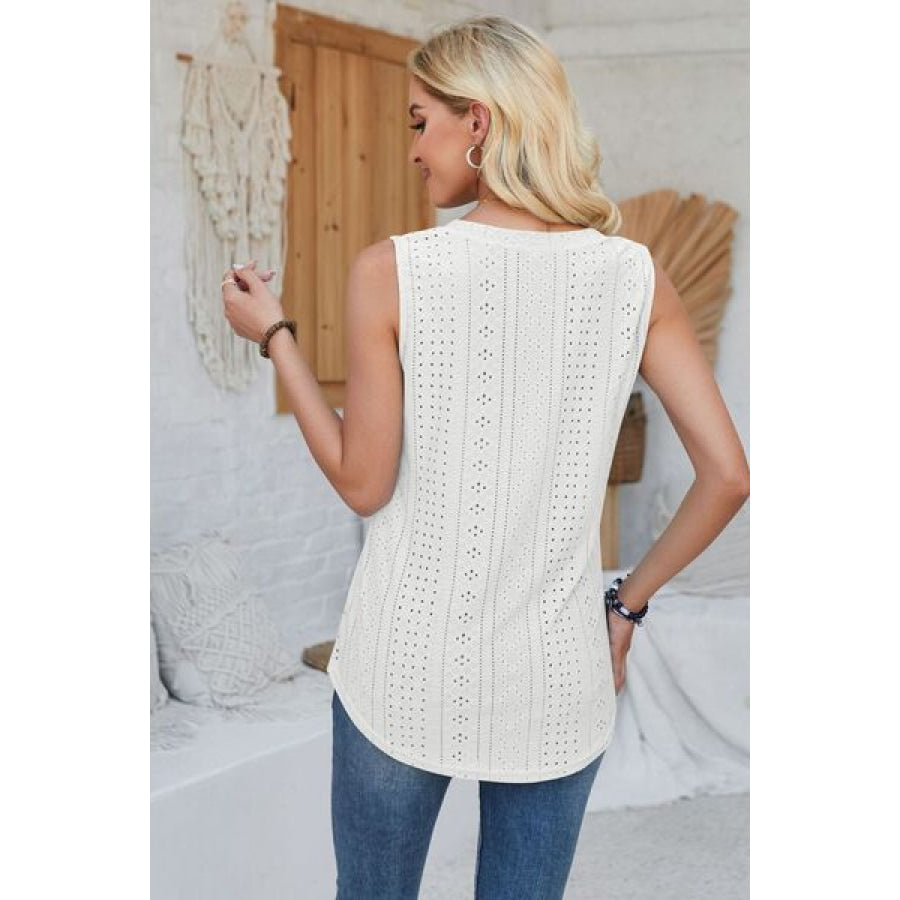 Eyelet Decorative Button V - Neck Tank Apparel and Accessories