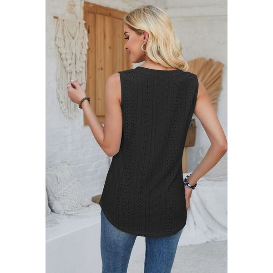 Eyelet Decorative Button V - Neck Tank Apparel and Accessories