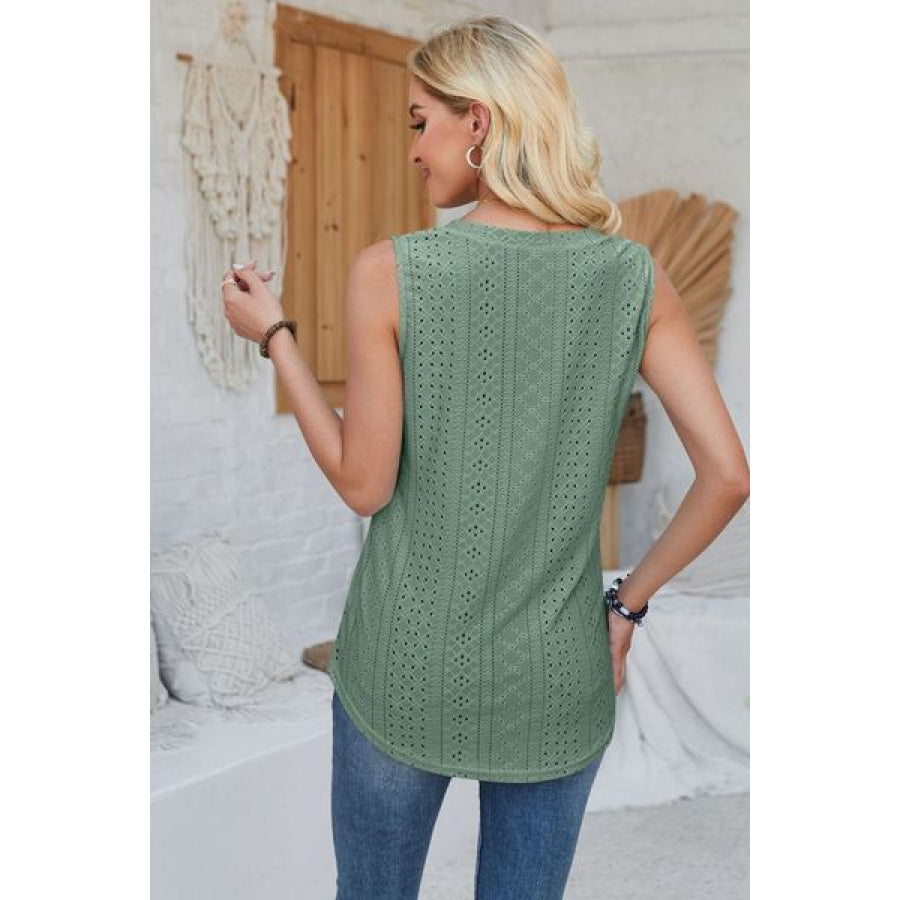 Eyelet Decorative Button V - Neck Tank Apparel and Accessories