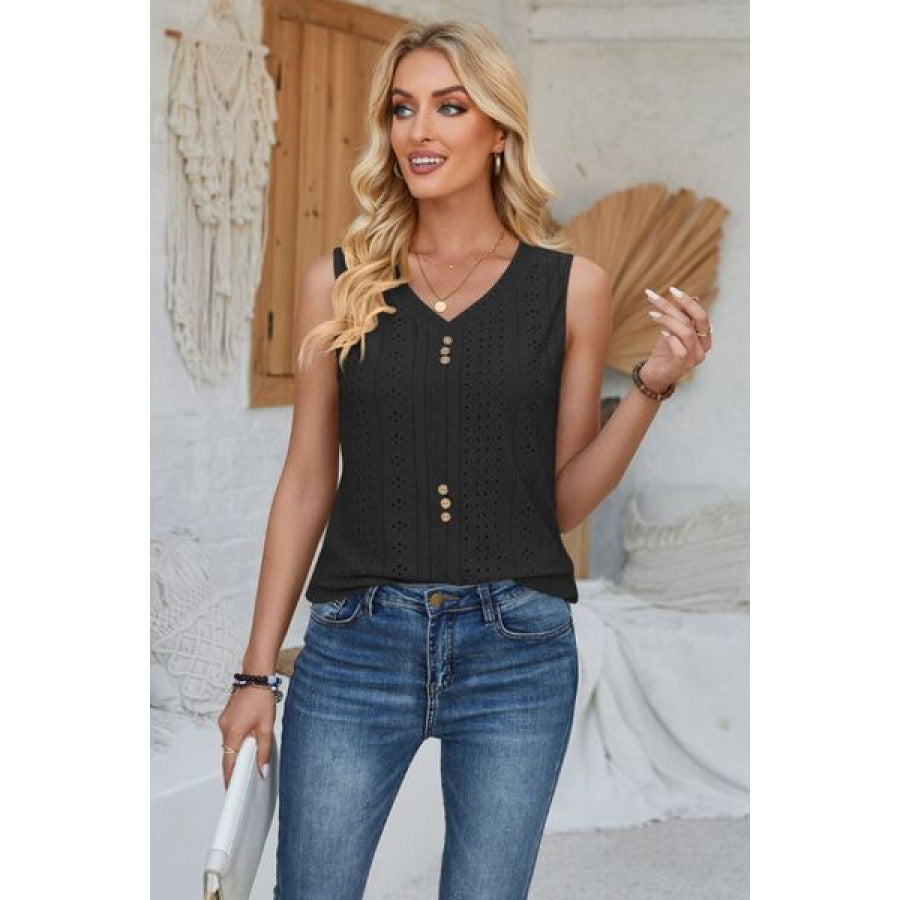 Eyelet Decorative Button V - Neck Tank Apparel and Accessories