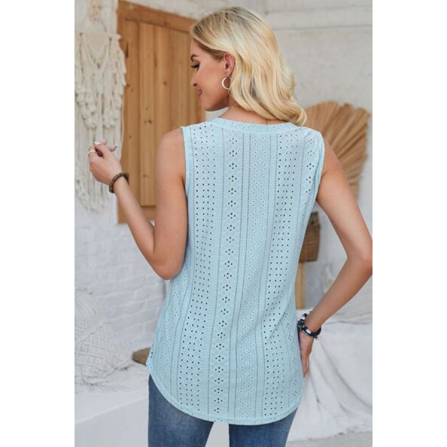 Eyelet Decorative Button V - Neck Tank Mint Blue / S Apparel and Accessories