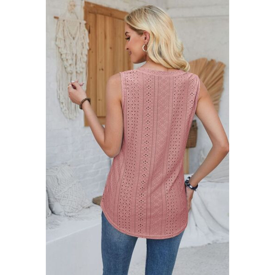 Eyelet Decorative Button V - Neck Tank Apparel and Accessories