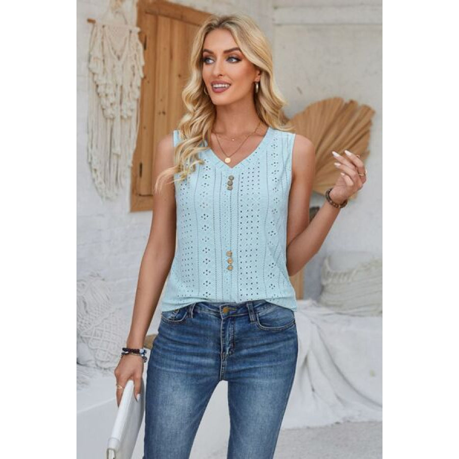 Eyelet Decorative Button V - Neck Tank Apparel and Accessories