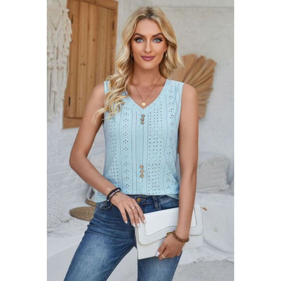 Eyelet Decorative Button V - Neck Tank Apparel and Accessories