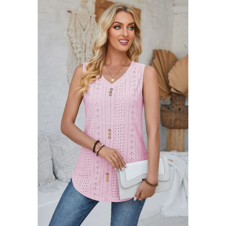 Eyelet Decorative Button V - Neck Tank Blush Pink / S Apparel and Accessories