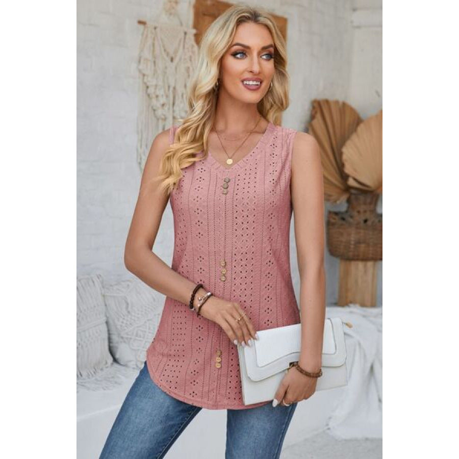 Eyelet Decorative Button V - Neck Tank Dusty Pink / S Apparel and Accessories