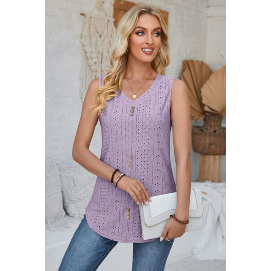 Eyelet Decorative Button V - Neck Tank Lavender / S Apparel and Accessories