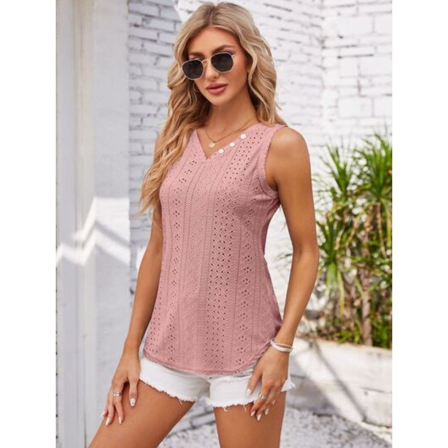 Eyelet Decorative Button V - Neck Tank Light Mauve / S Apparel and Accessories