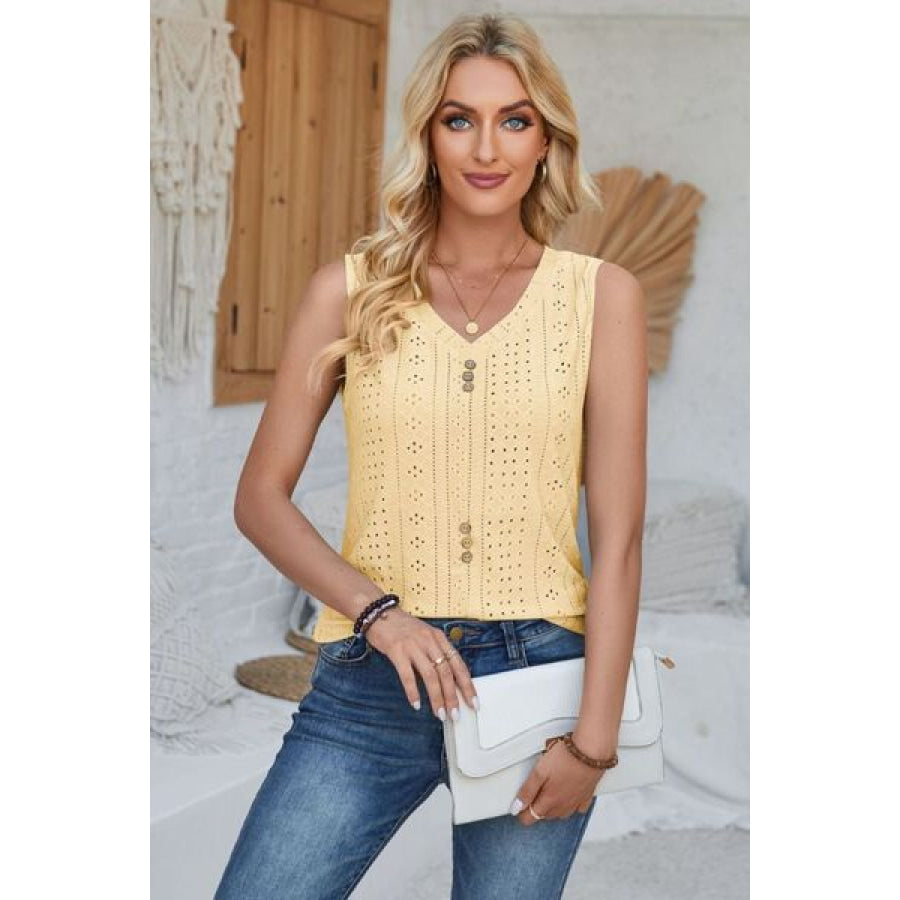 Eyelet Decorative Button V - Neck Tank Pastel Yellow / S Apparel and Accessories