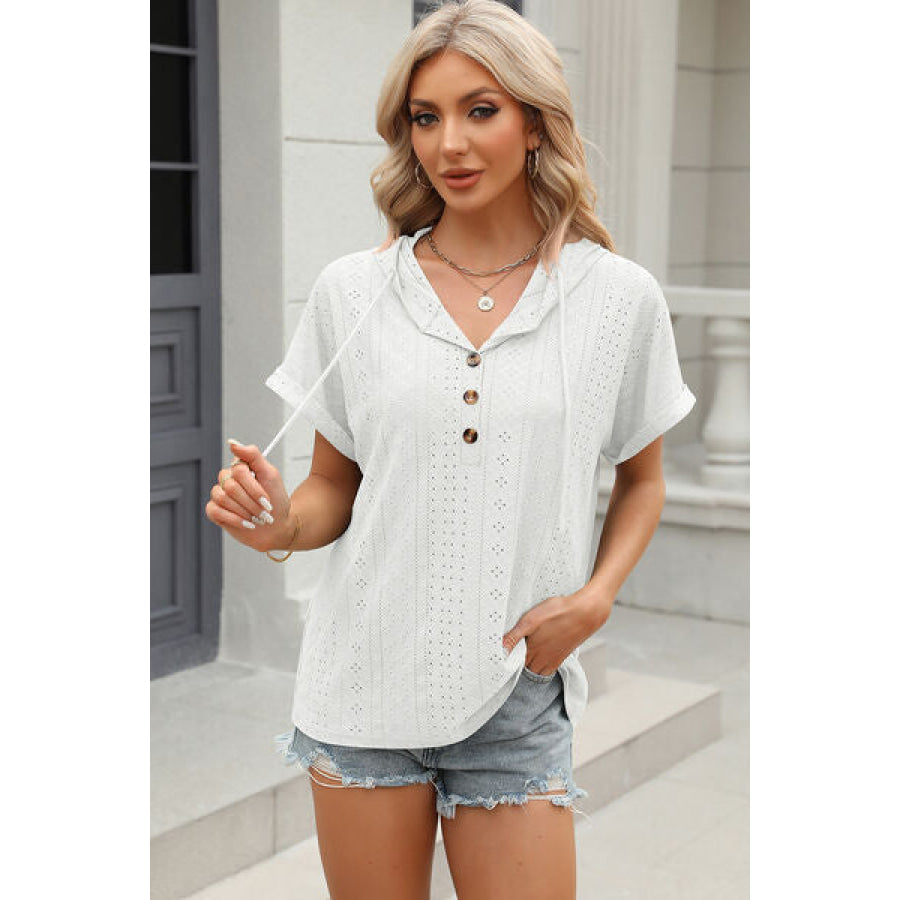 Eyelet Drawstring Hooded Short Sleeve Blouse Apparel and Accessories