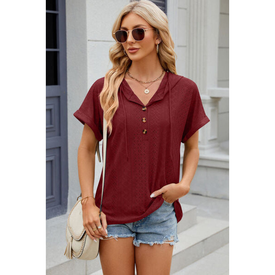 Eyelet Drawstring Hooded Short Sleeve Blouse Apparel and Accessories