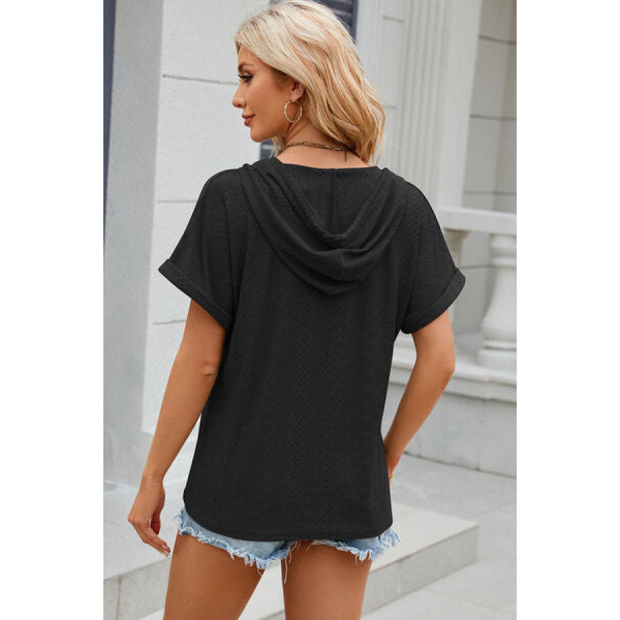 Eyelet Drawstring Hooded Short Sleeve Blouse Apparel and Accessories