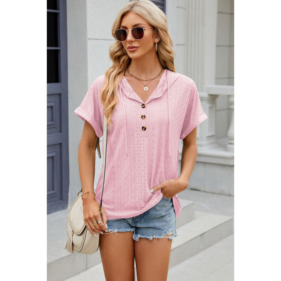 Eyelet Drawstring Hooded Short Sleeve Blouse Apparel and Accessories